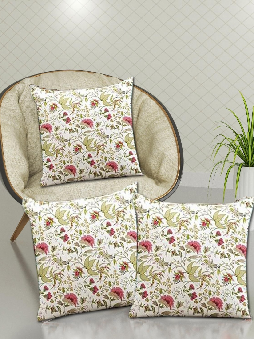 

Trance Home White & Red 3 Pieces Floral Printed Linen Square Cushion Covers