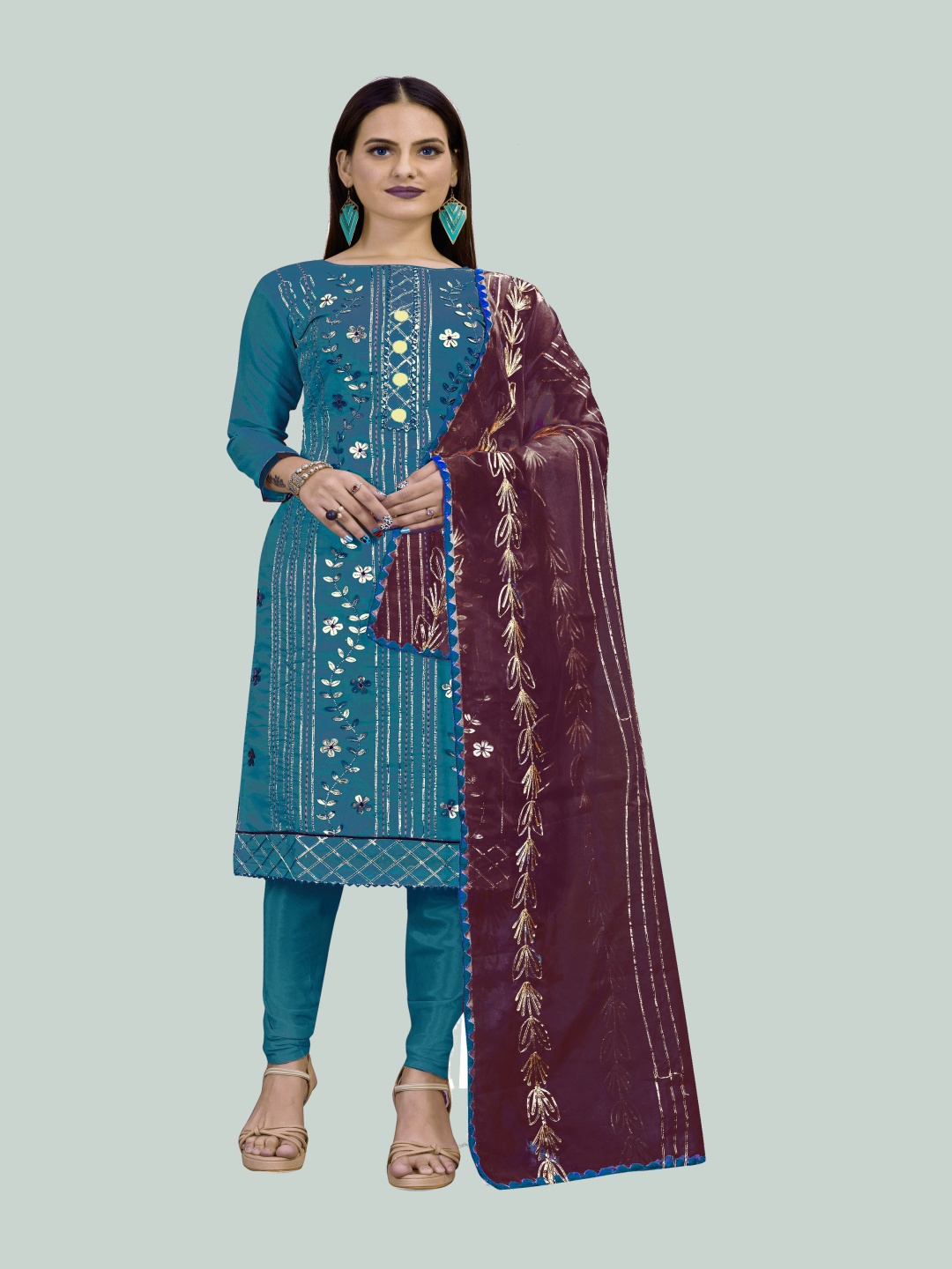 

HERE&NOW Floral Embroidered Gotta Patti Unstitched Dress Material, Blue
