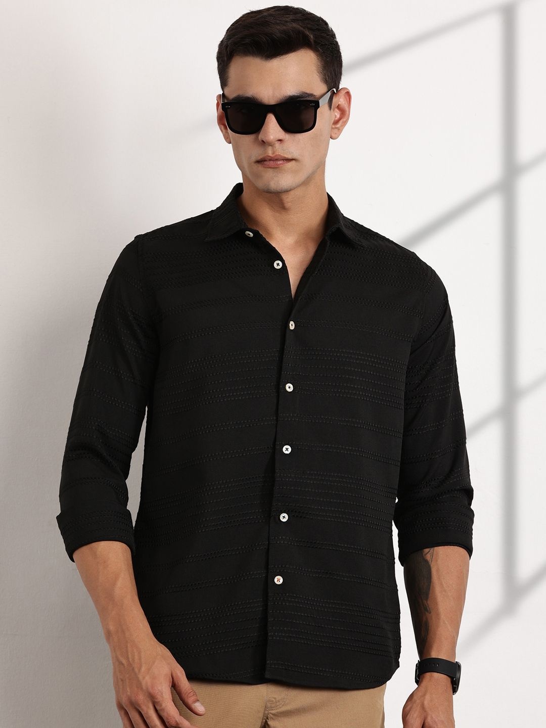 

Thomas Scott Men Premium Slim Fit Opaque Casual Shirt, Black