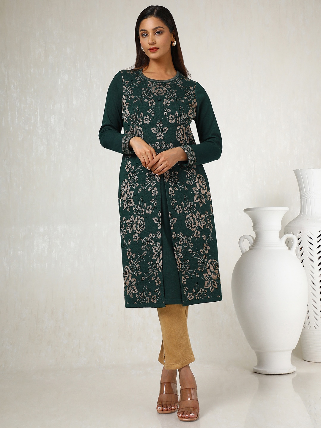 

Soch Floral Woven Design Round Neck Straight Kurta, Green