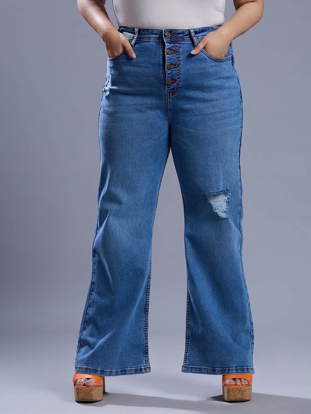 

Turning Blue Women Flared High-Rise Mildly Distressed Light Fade Jeans