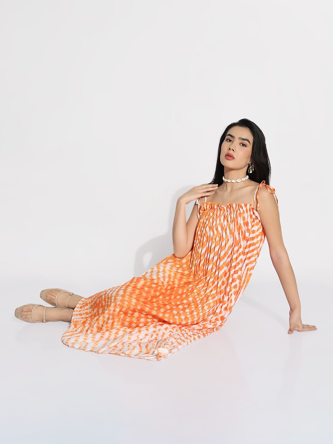 

SHOWOFF Tie and Dye Print Crepe A-Line Midi Dress, Orange