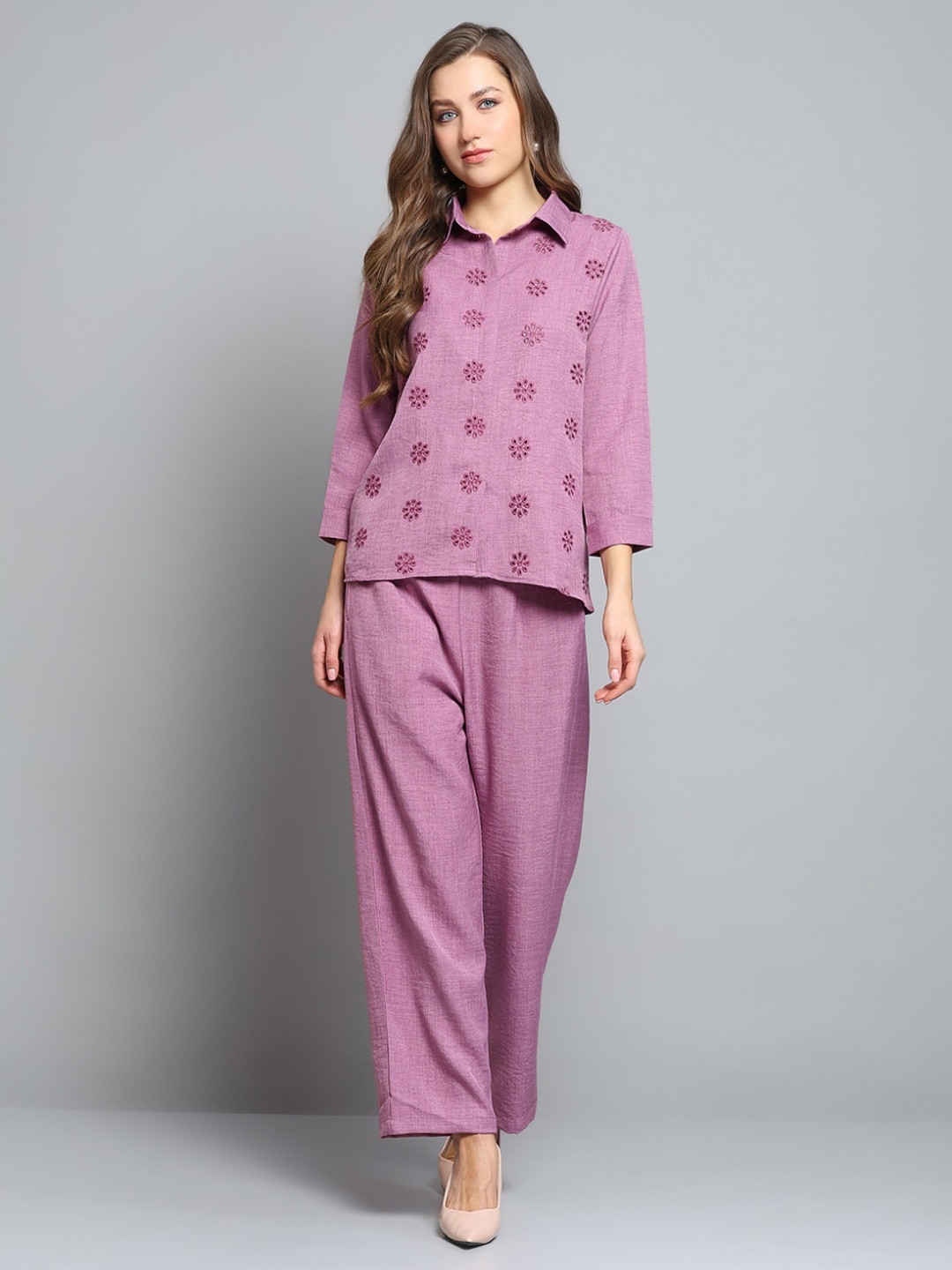 

Monte Carlo Self Design Shirt Collar Shirt With Trousers, Pink