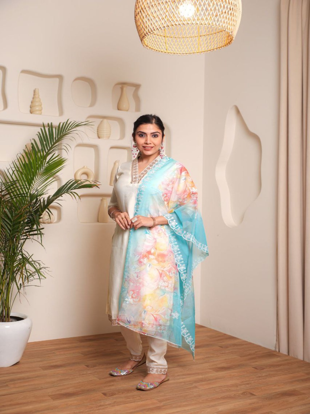 

ZIBLON Women Floral Embroidered Regular Thread Work Chanderi Cotton Kurta with Trousers & With Dupatta, White