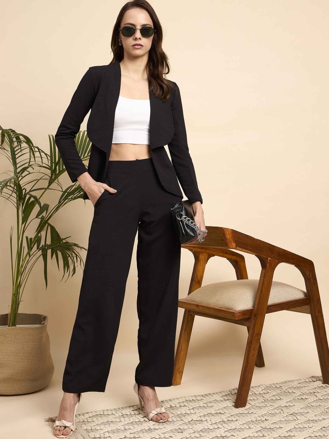 

Mast & Harbour Shawl Collar Blazer With Trouser And Crop Top, Black