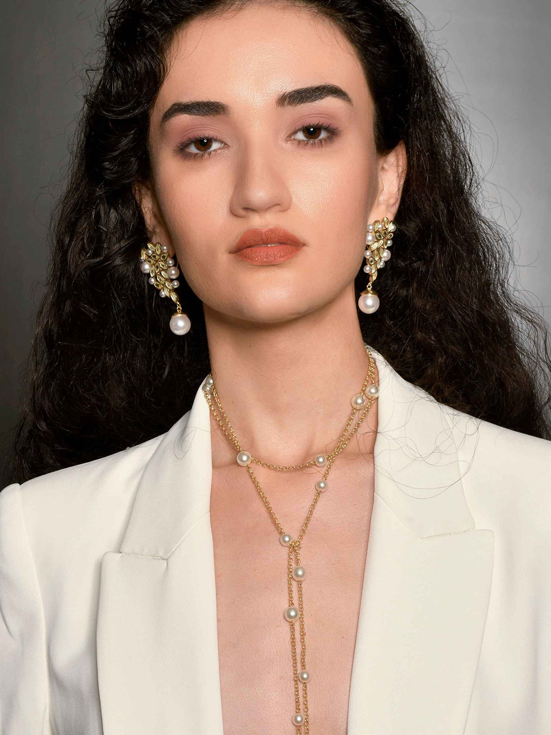 

MNSH Brass-Plated Stones Studded And Pearls Beaded Contemporary Shape Drop Earrings, Gold