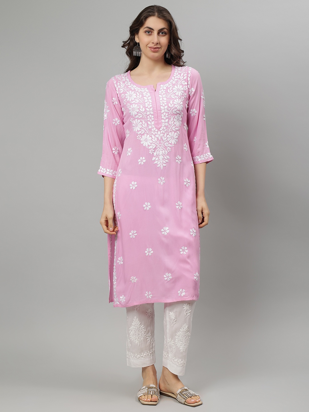 

Seva Chikan Floral Embroidered Notch Neck Lucknowi Chikankari Straight Kurta, Pink