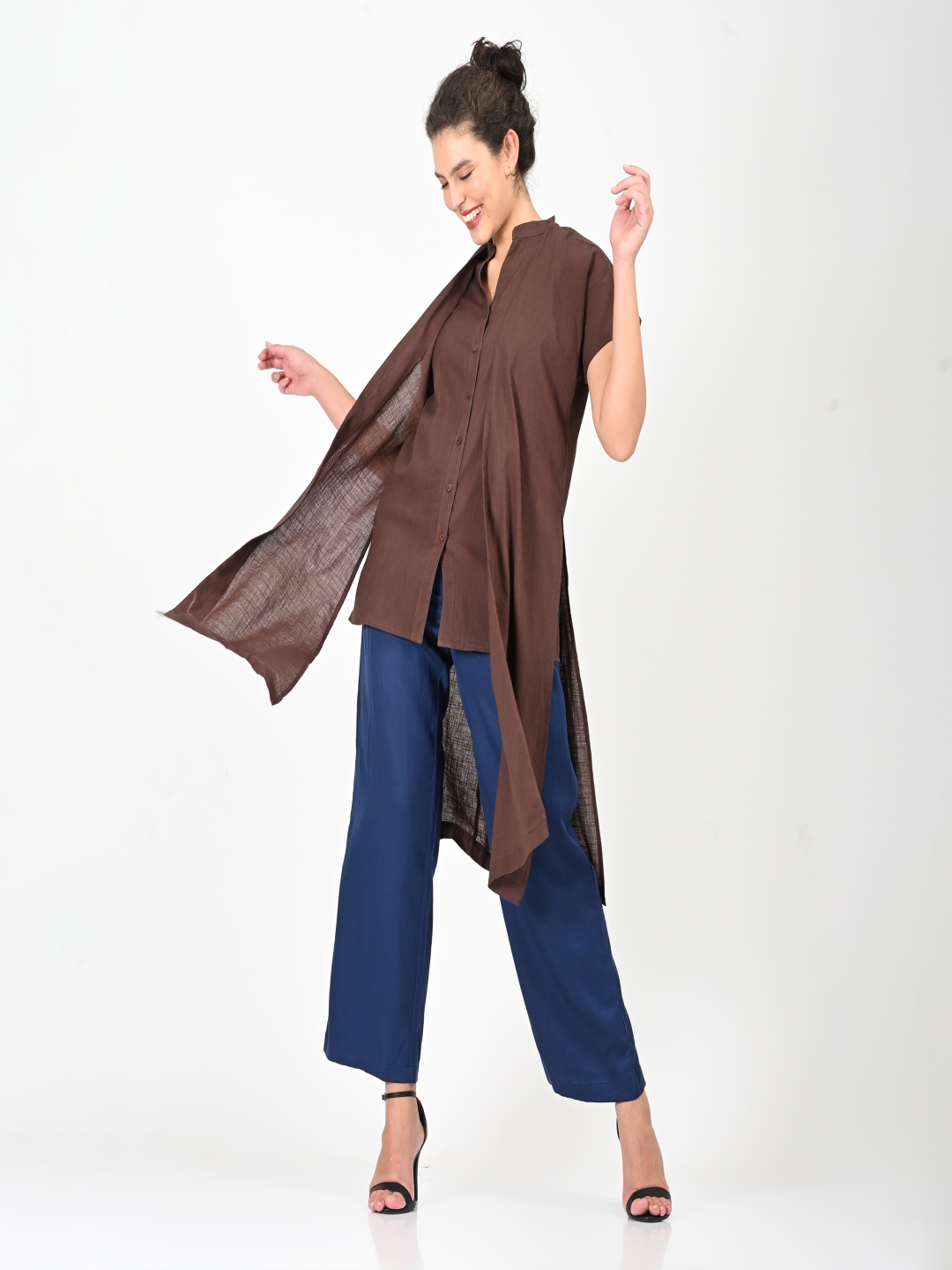 

Saltpetre Open Front With Mandarin Collar Organic Cotton Tunic And Trouser, Coffee brown
