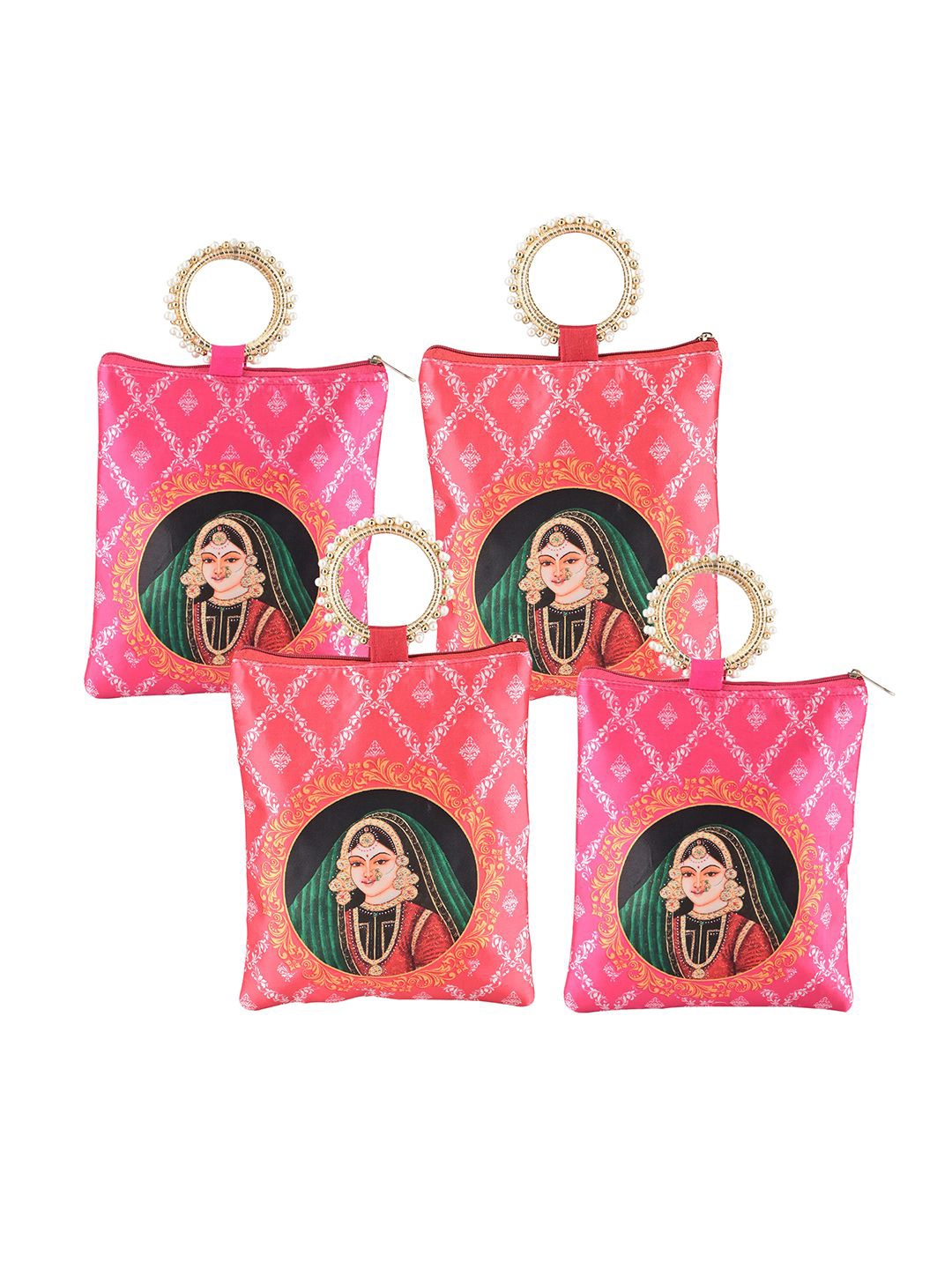 

Kuber Industries 4 Pcs Silk Small Hand Bags for Women Printed Shopper Tote Bag, Pink