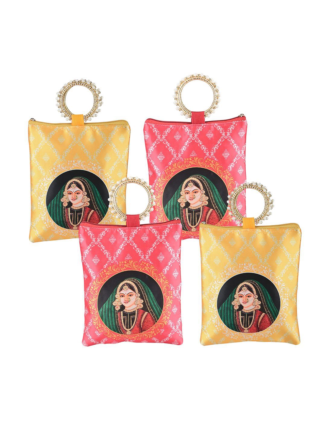 

Kuber Industries 4 Pcs Silk Small Hand Bags for Women Printed Shopper Tote Bag, Yellow