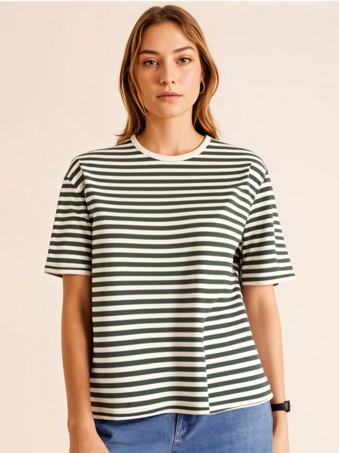 

DressBerry Women Striped Pockets T-shirt, Green