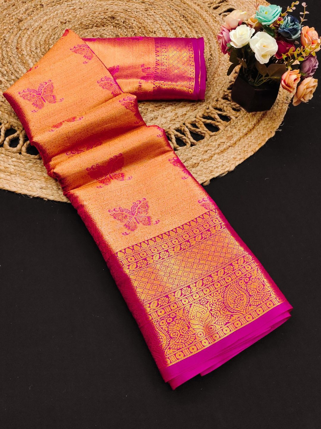 

yourwish Woven Design Zari Pure Silk Kanjeevaram Saree, Pink