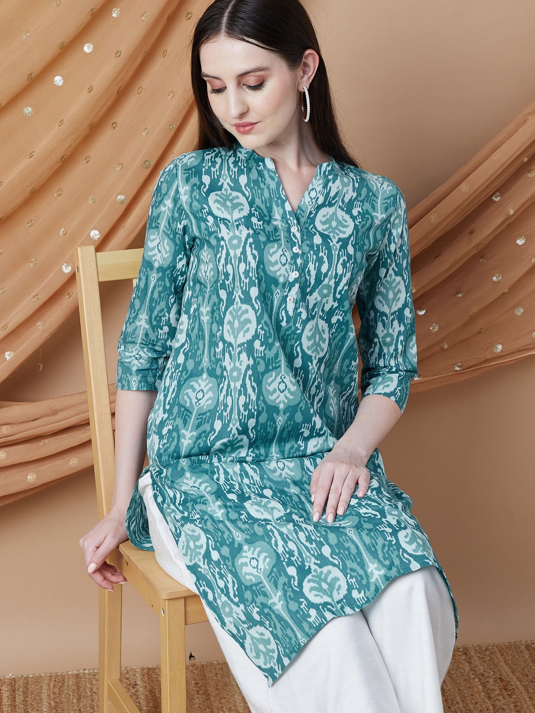 

Melange by Lifestyle Floral Printed Mandarin Collar Pure Cotton Straight Kurta, Teal