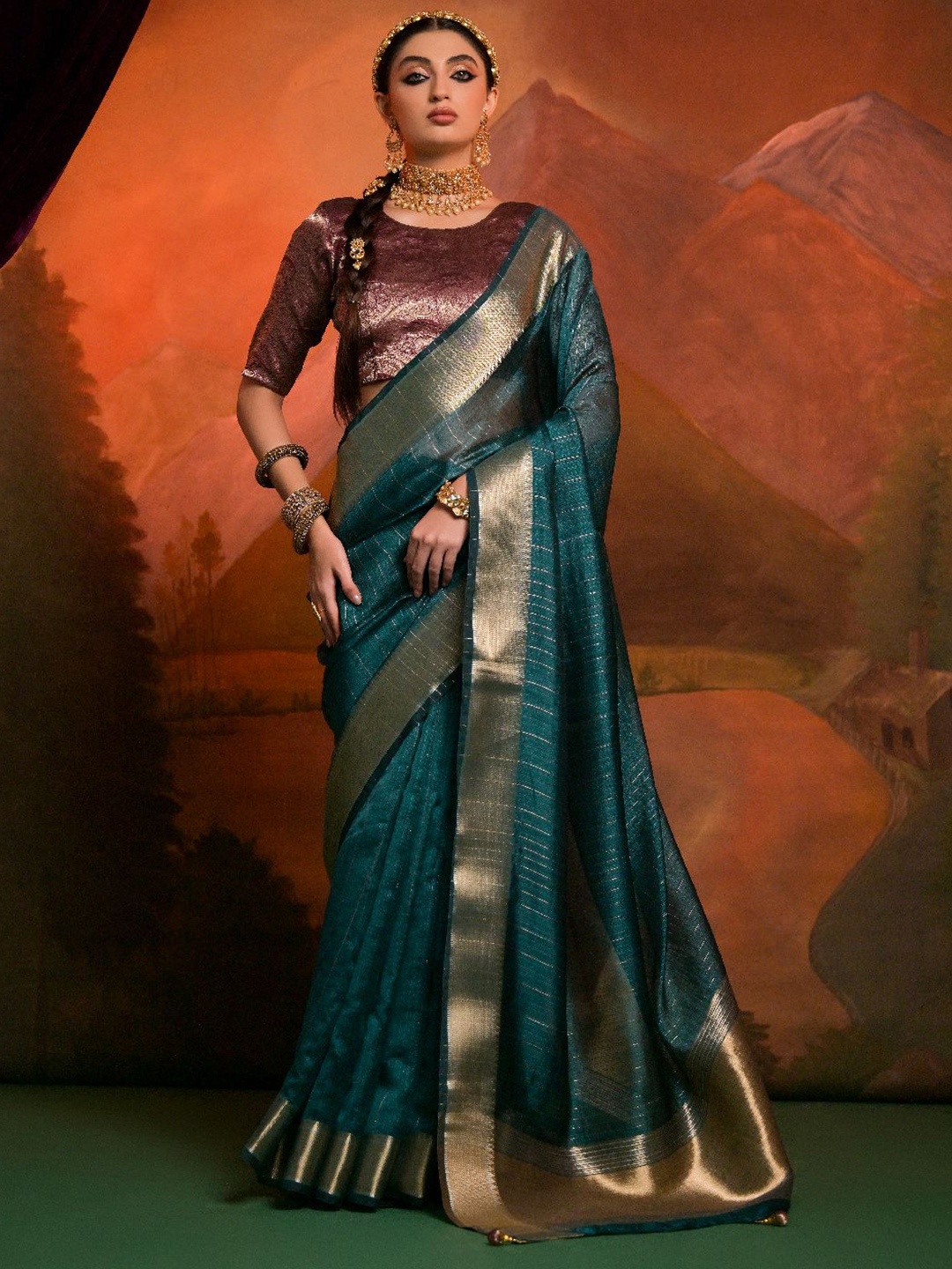

DIVASTRI Woven Design Zari Silk Blend Designer Saree, Teal