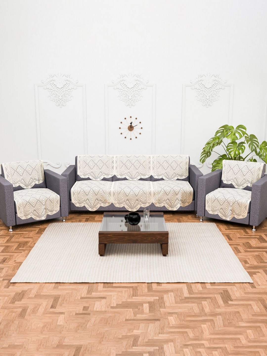 

Aura Cream-Coloured 10 Pieces Self Design Cotton 5 Seater Sofa Cover