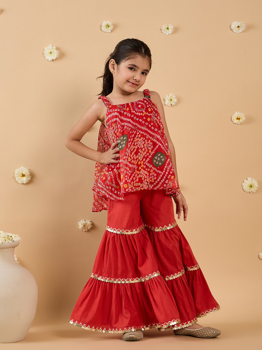 

pspeaches Girls Bandhani Printed Regular Kurta with Sharara, Red