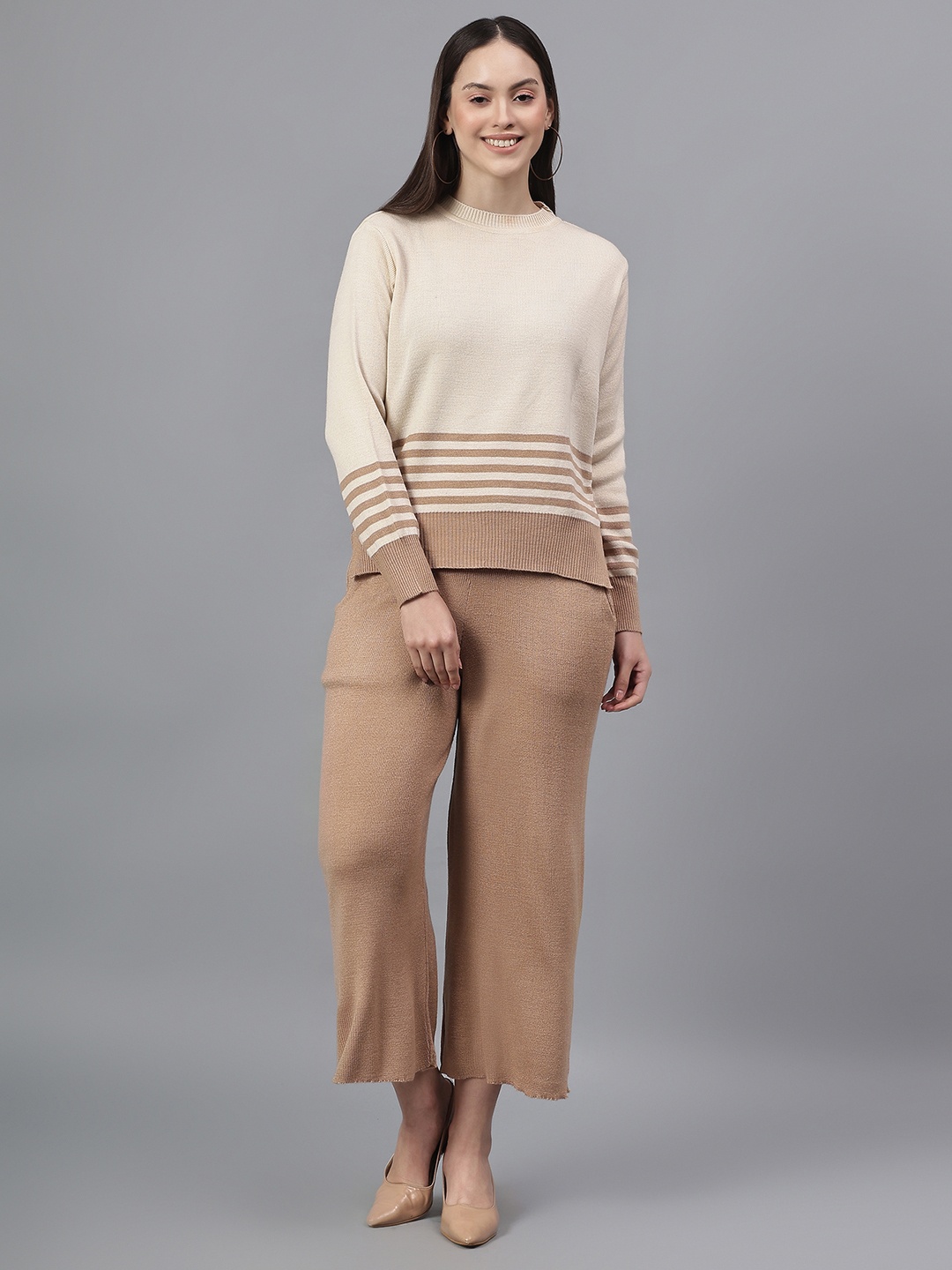 

Cantabil Striped Long Sleeves Sweater & Palazzos, Beige