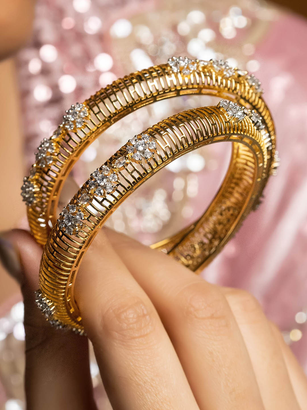 

Zevarly Set Of 2 Gold Plated American Diamond Studded Bangles