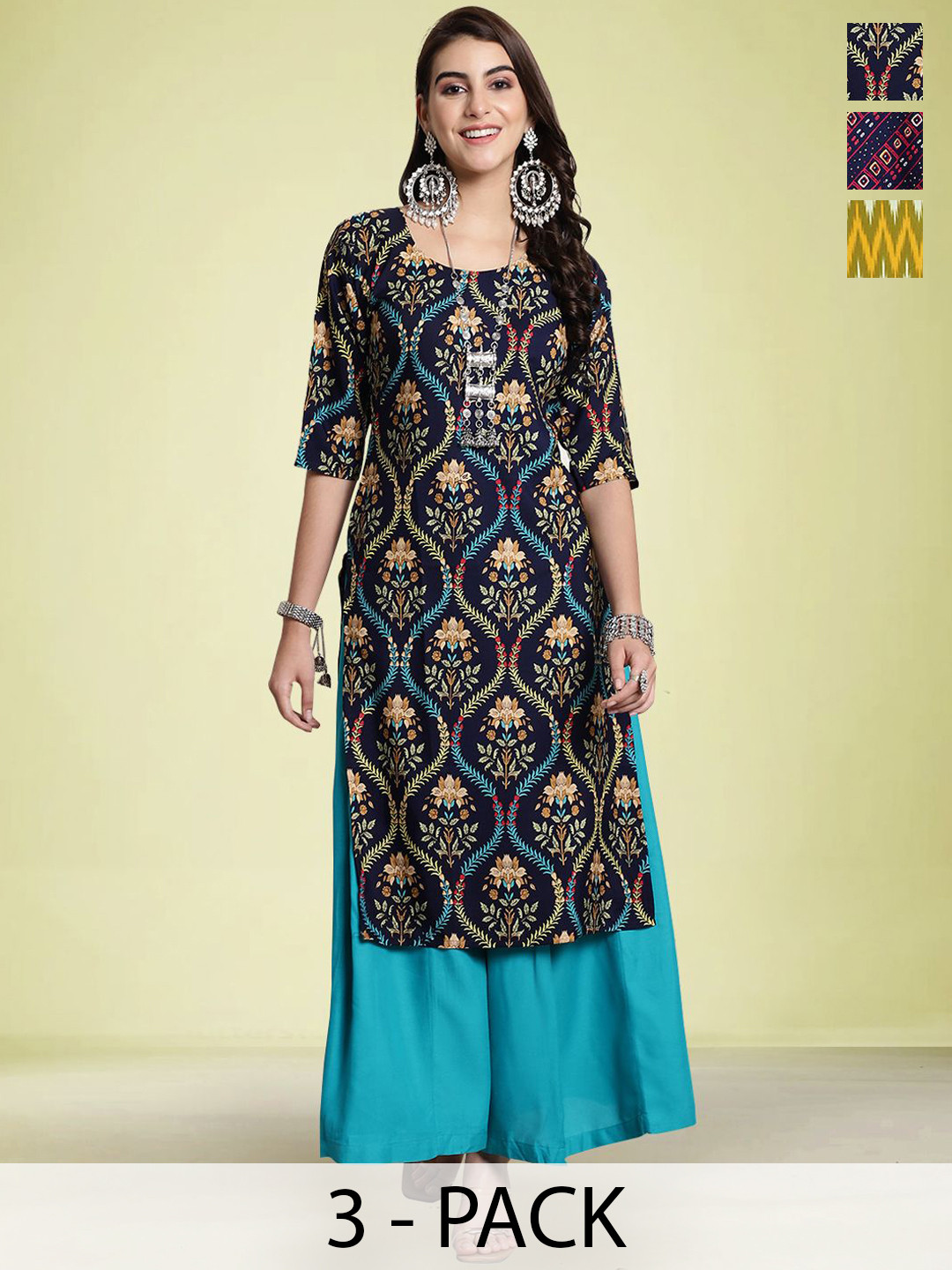 

Moda Rapido Selection Of 3 Floral Printed Round Neck Straight Kurtas, Navy blue