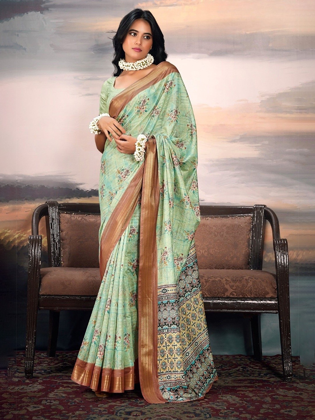 

MySilkLove Floral Zari Coriander Green Digital Printed Cotton Saree