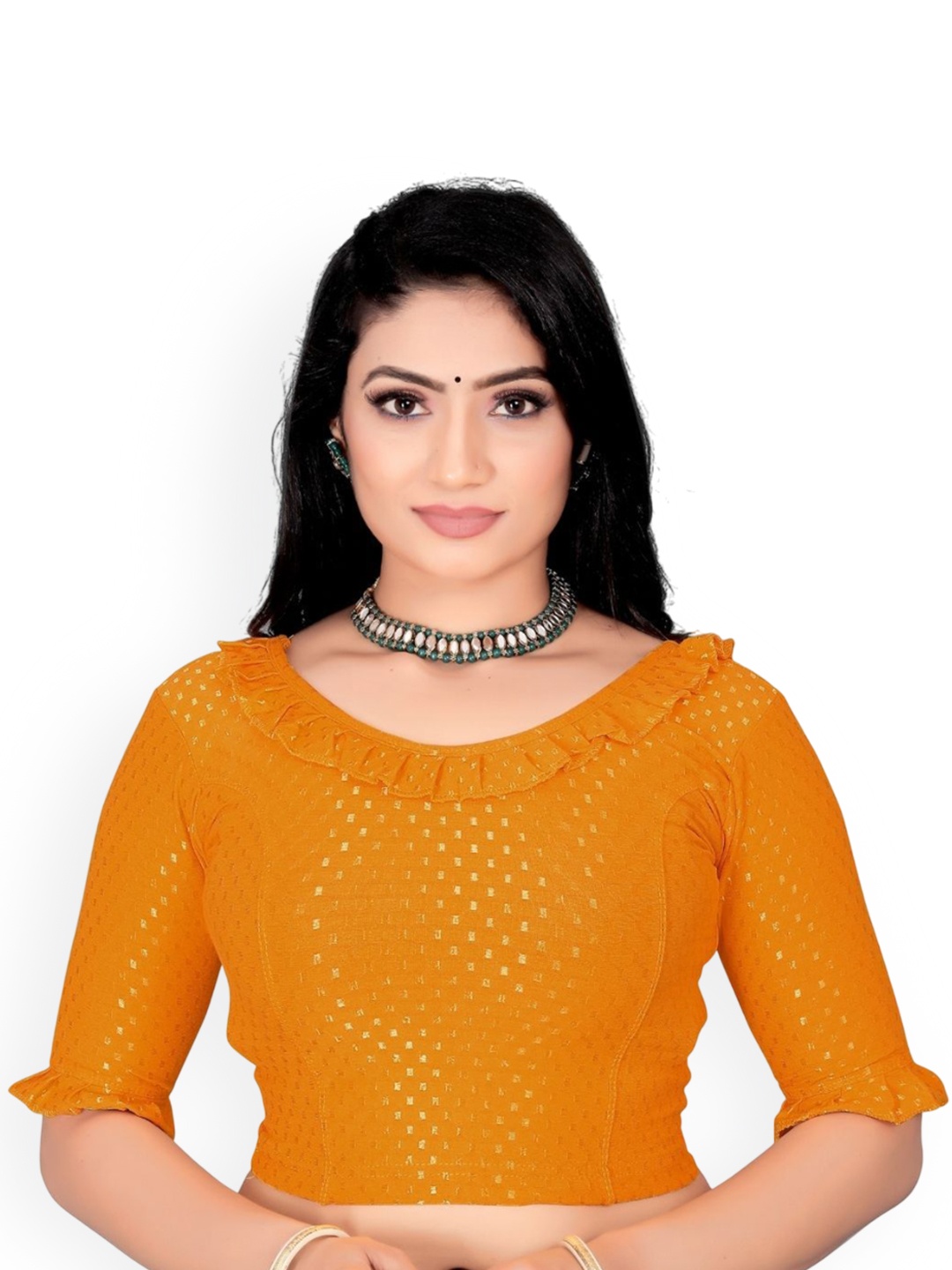 

SS Sanket Synthetics Self-Designed Cotton Frill Blouse, Mustard