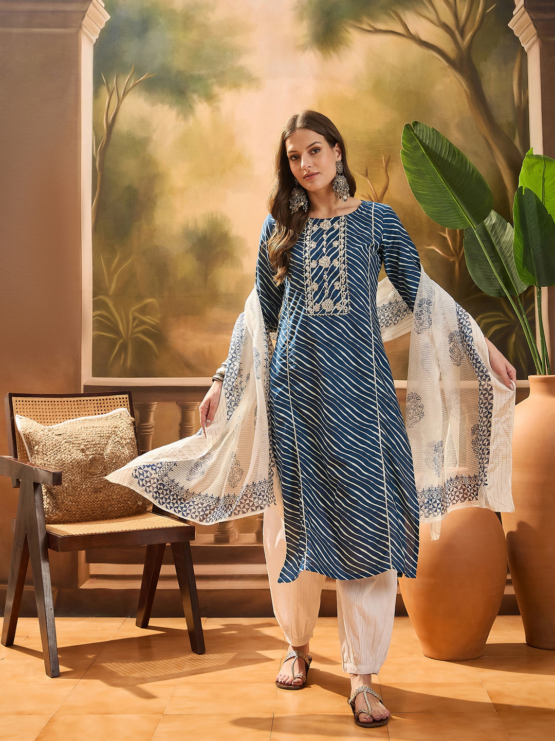

Sangria Women's Blue Lehariya Printed & Embroidered Cotton Straight Kurta Pant Dupatta Set