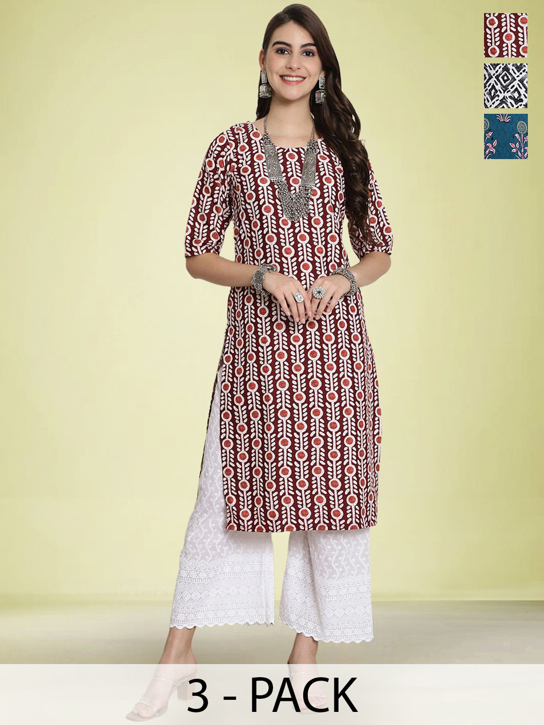 

Moda Rapido Selection Of 3 Geometric Printed Round Neck Straight Kurtas, Brown