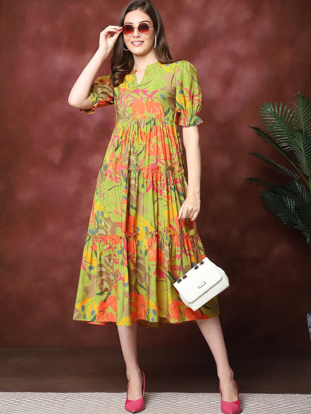 

PRESHA Floral Print Puff Sleeve A-Line Midi Dress, Green