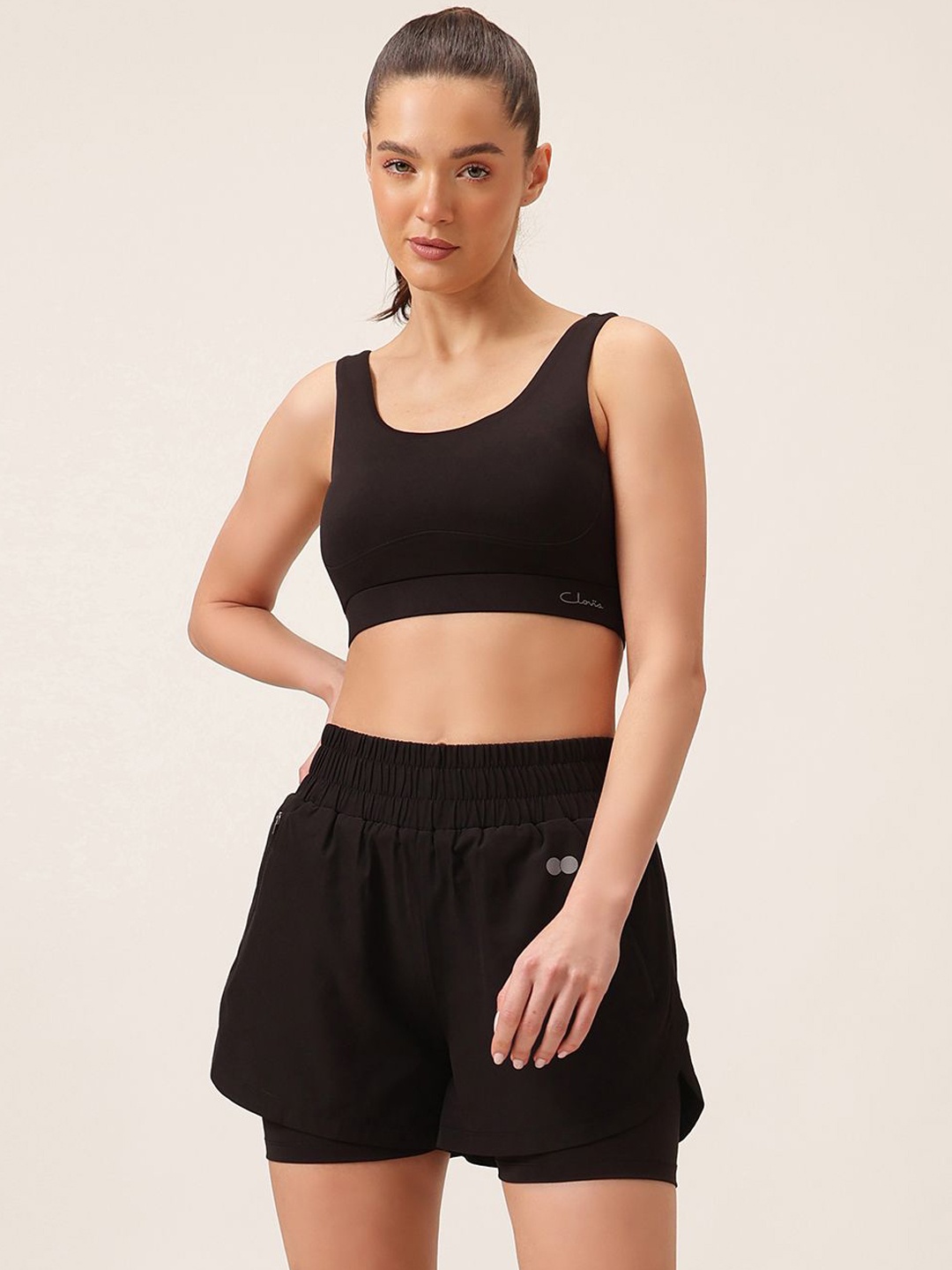 

Clovia Mid Impact Padded Sports Bra & High Rise Shorts Tracksuit, Black
