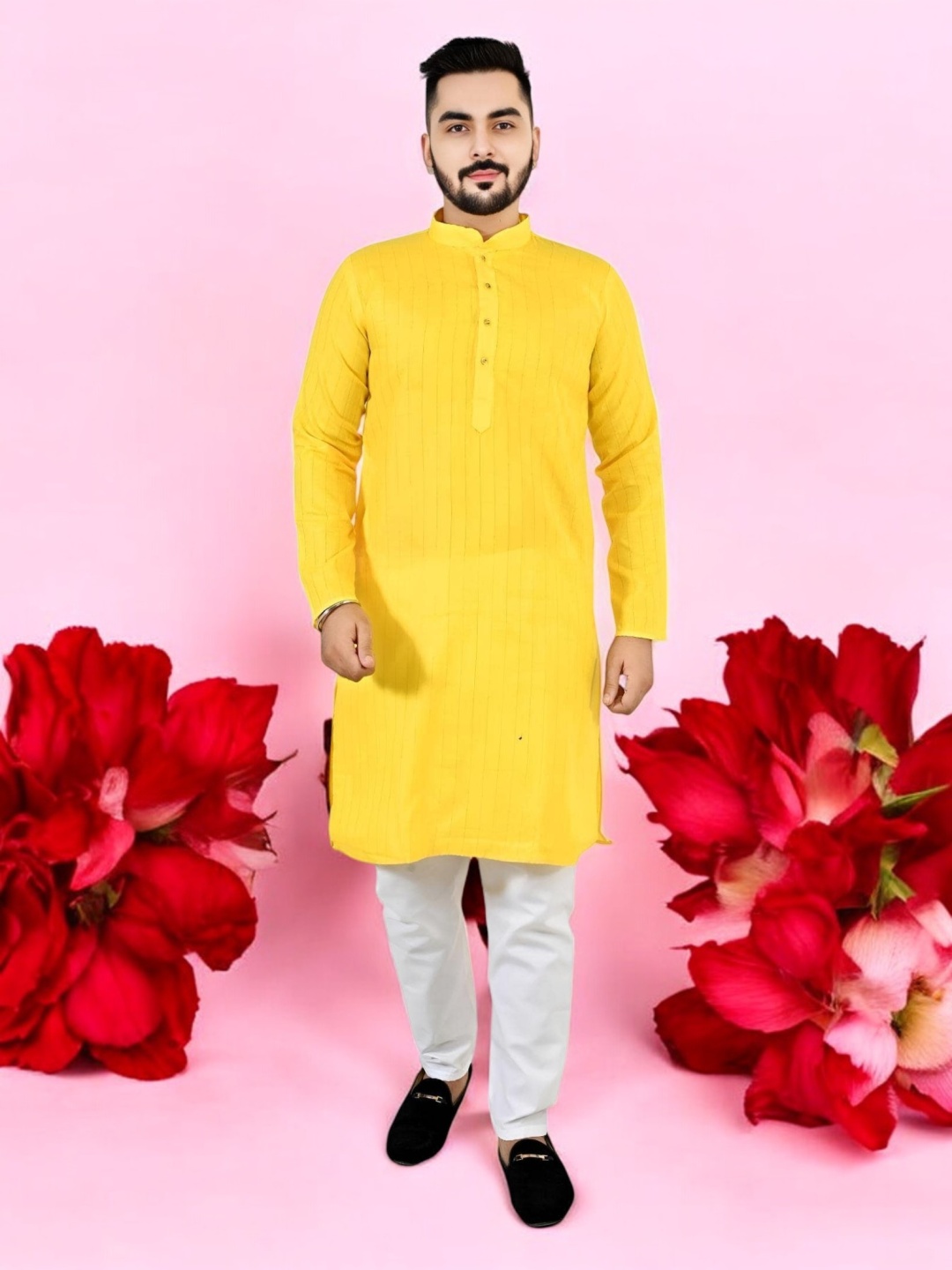 

Atly Men Striped Regular Kurta with Pyjamas, Yellow