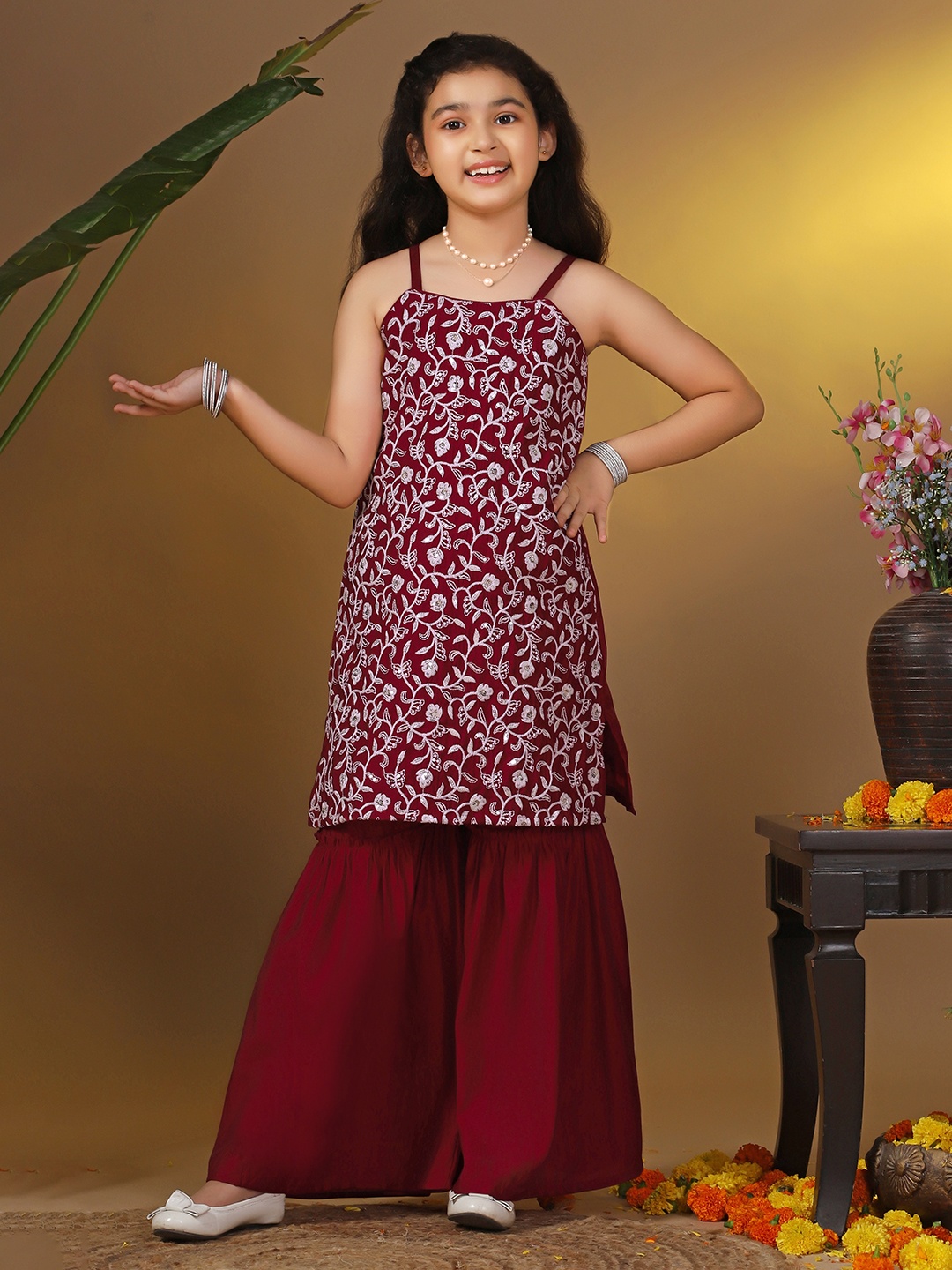 

BAESD Girls Ethnic Motifs Embroidered Regular Thread Work Kurta with Sharara, Maroon