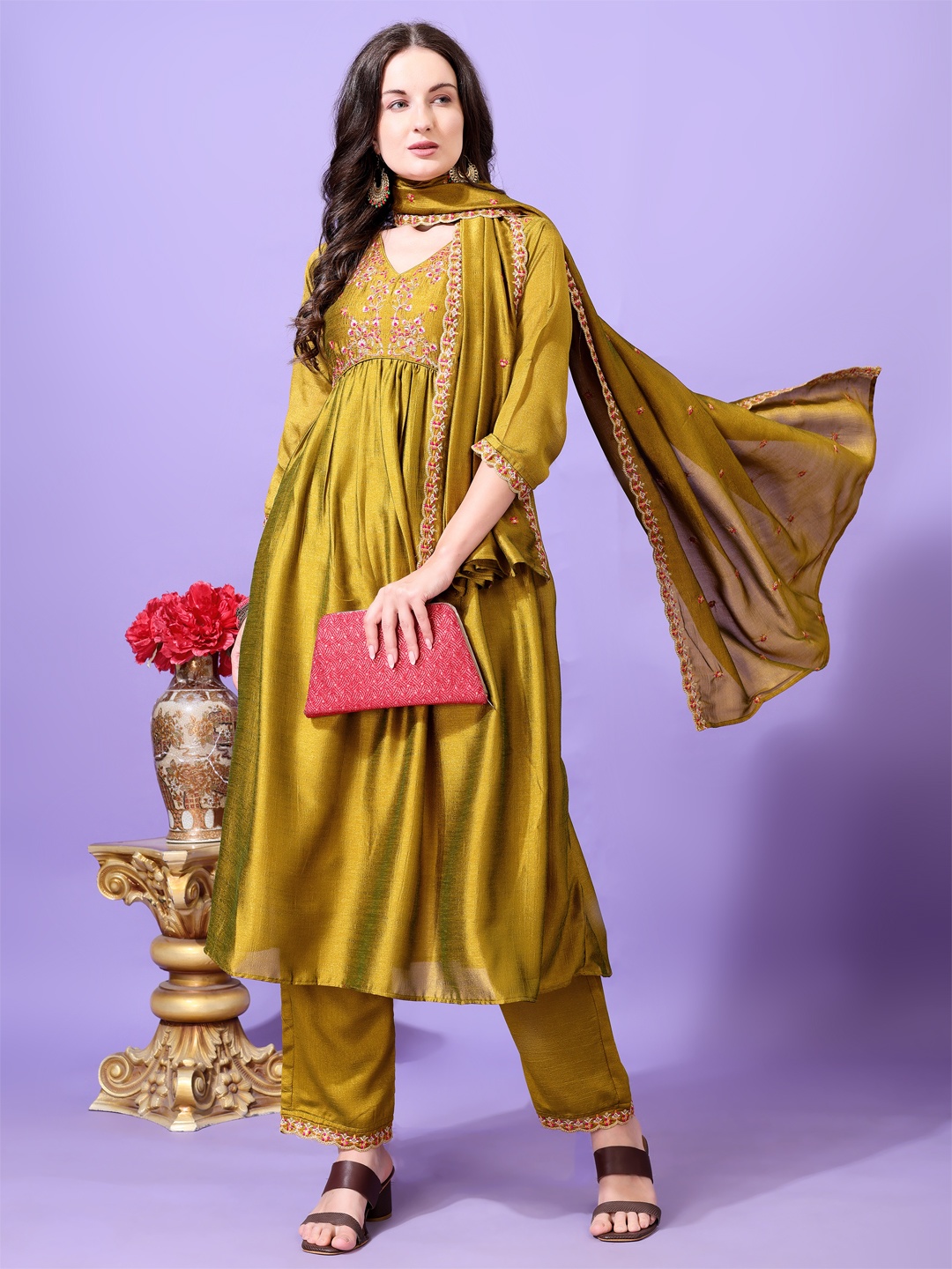 

Hirvanti Fashion Women Ethnic Motifs Embroidered Regular Kurta with Palazzos & With Dupatta, Yellow