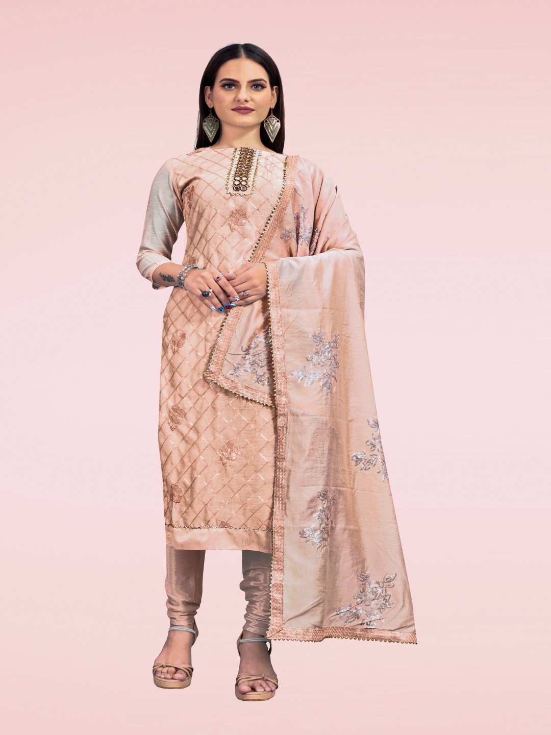 

HERE&NOW Floral Embellished Sequinned Unstitched Dress Material, Peach