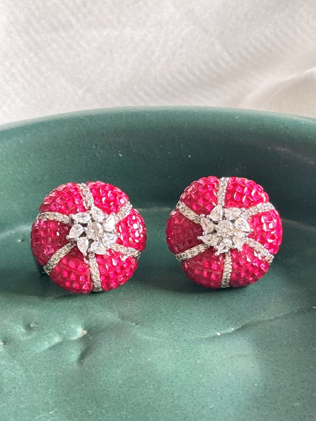 

The Jewellery Tale Silver-Plated Ruby Stone Studded Floral Shaped Studs, Red