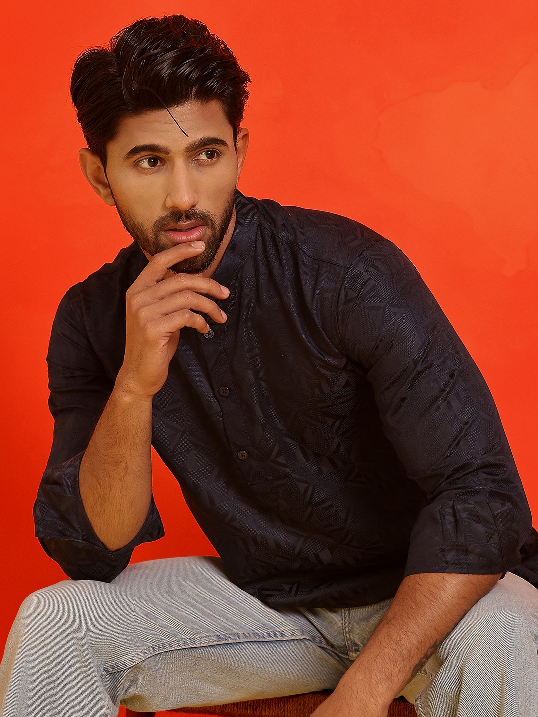 

Jompers Geometric Woven Design Band Collar Long Roll-Up Sleeves Straight Kurta, Navy blue