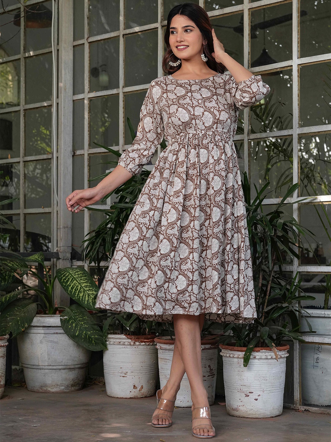 

all about you Ethnic Motifs Print A-Line Dress, Beige