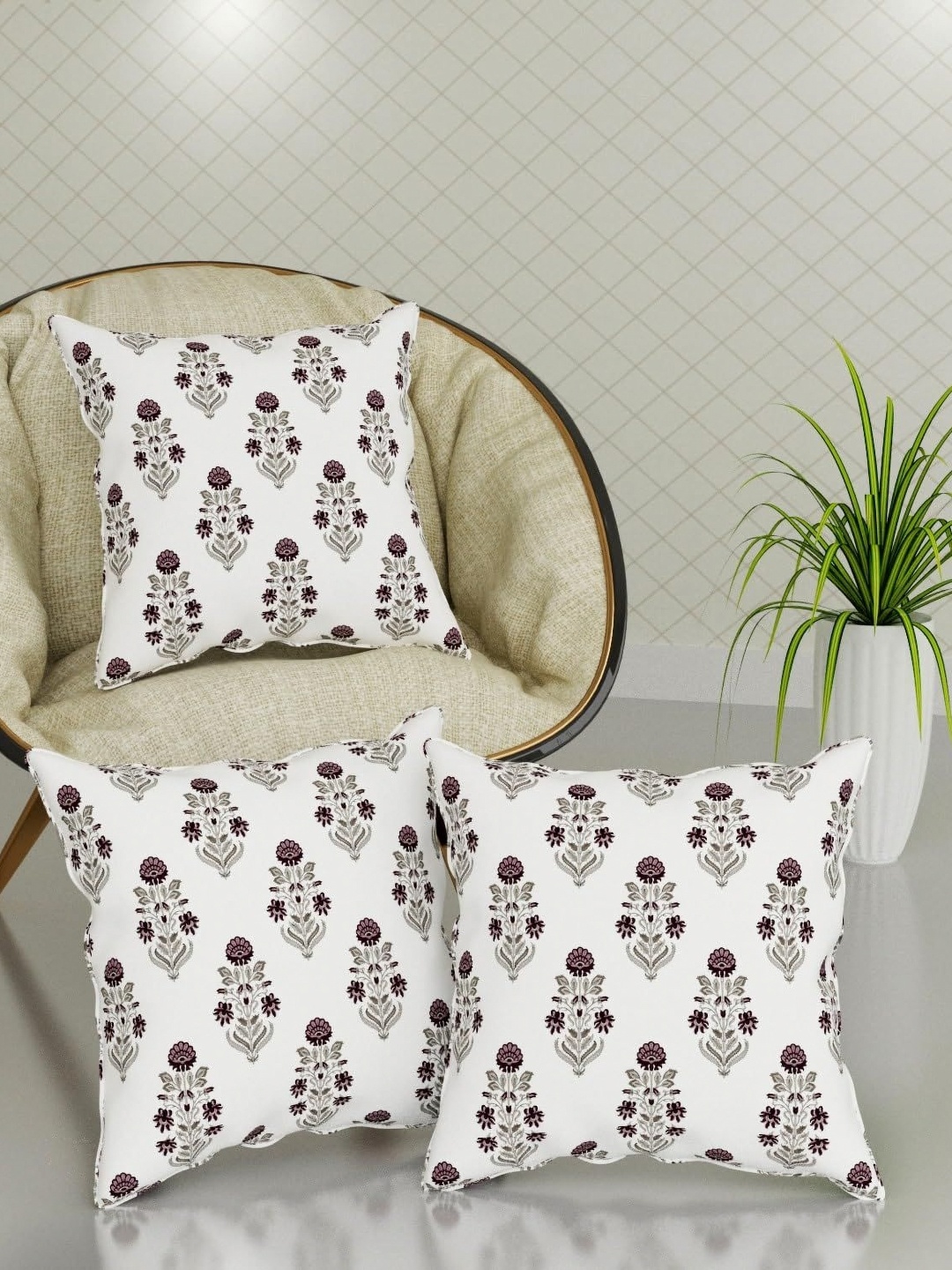 

Trance Home Purple & White 3 Pieces Floral Printed Linen Square Cushion Covers