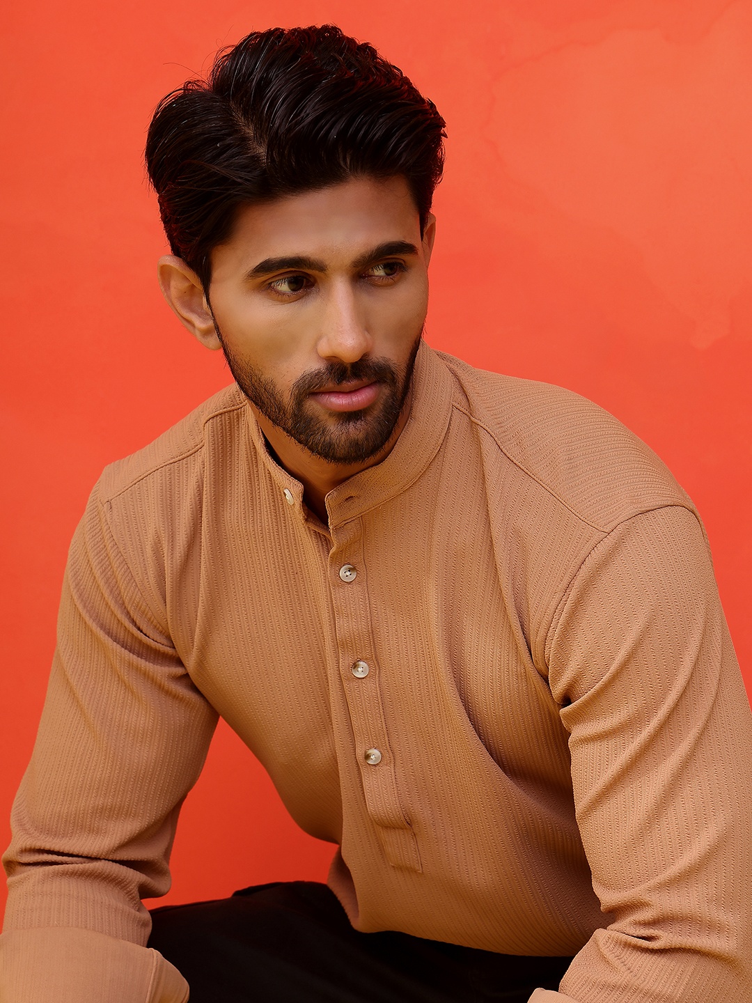 

Jompers Striped Band Collar Long Roll-Up Sleeves Straight Kurta, Brown