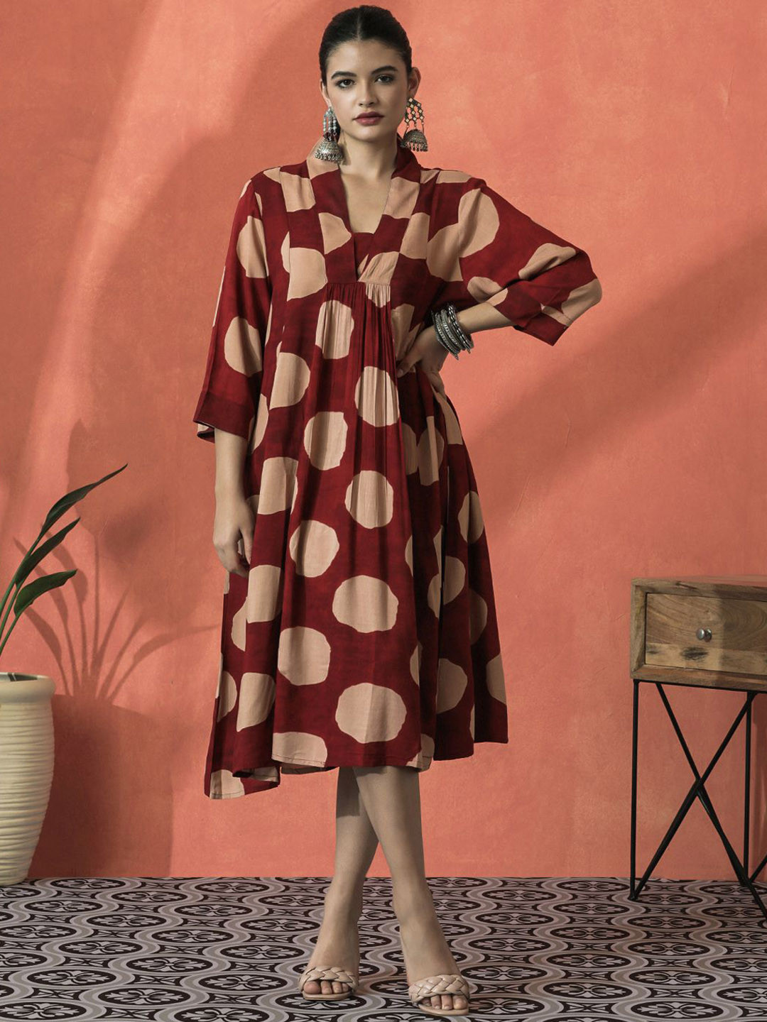 

Sangria Printed A-Line Ethnic Dress, Maroon