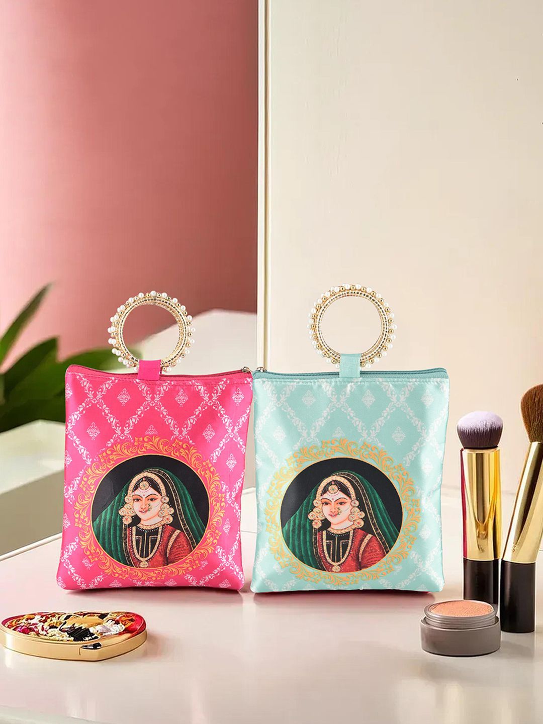 

Kuber Industries 2 Pcs Silk Maharani Printed Structured Handheld Bag with Quilted, Pink
