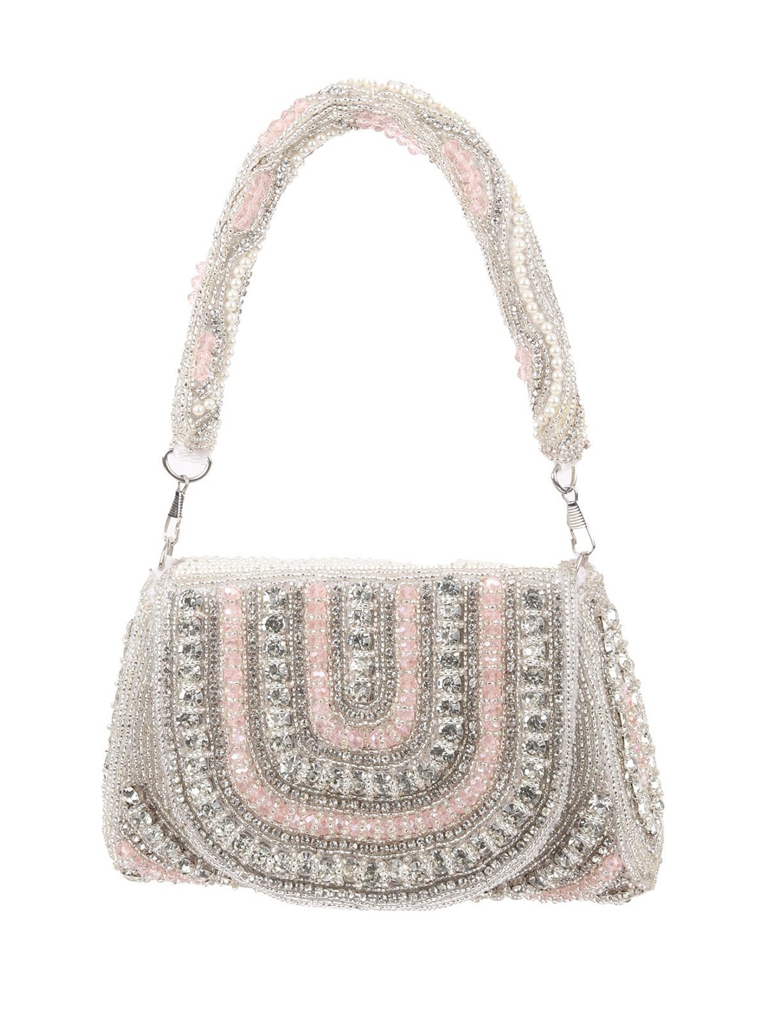 

ODETTE Embellished Oversized Structured Handheld Bag with Cut Work, Silver