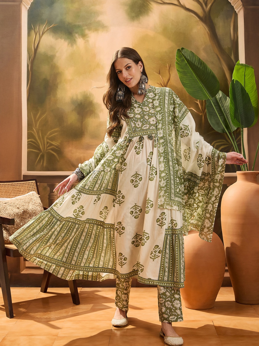 

Sangria Women's Pista Green Block Printed Cotton Anarkali Kurta Pant Dupatta Set