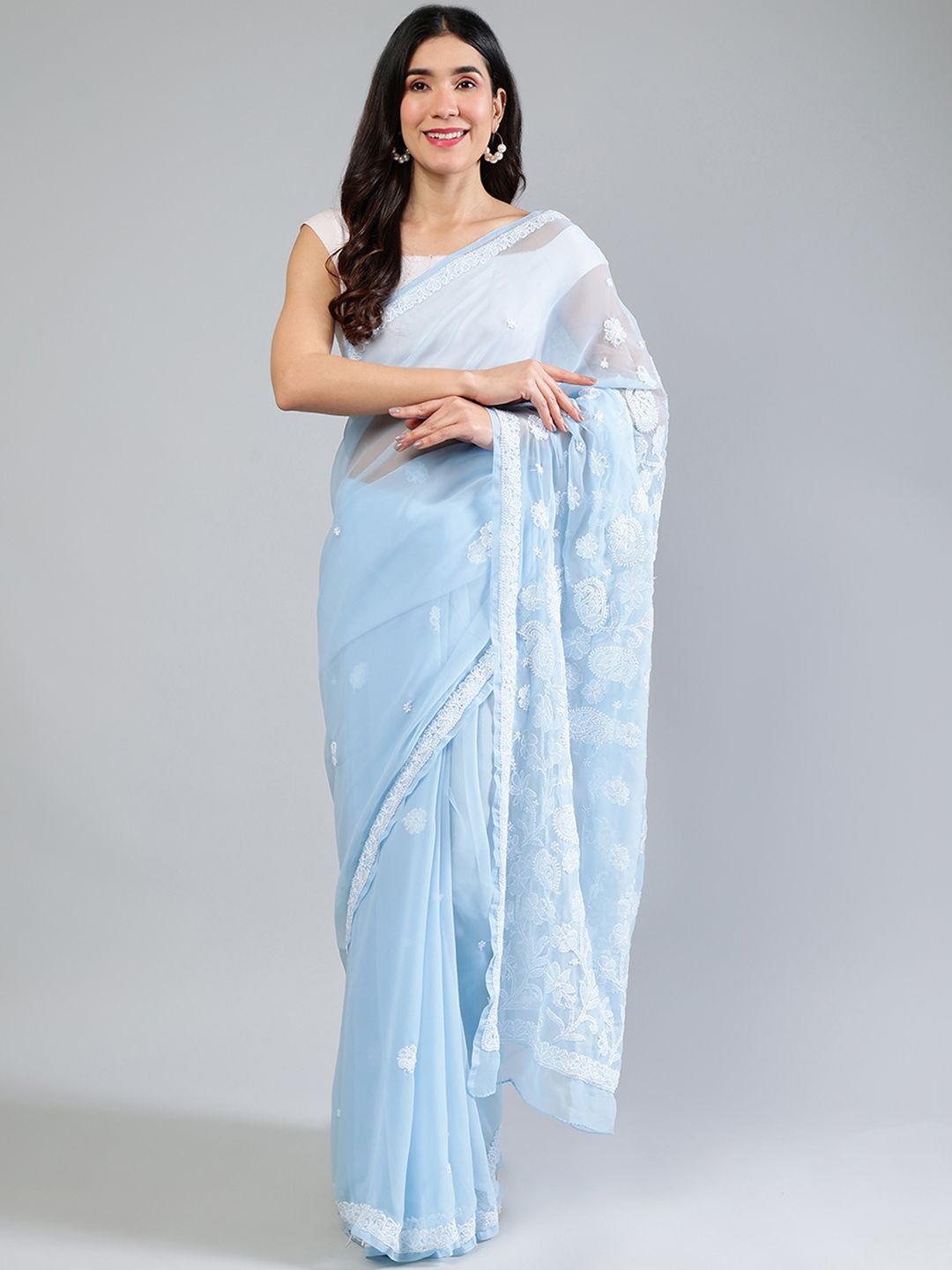 

Seva Chikan Embellished Embroidered Poly Georgette Saree, Blue