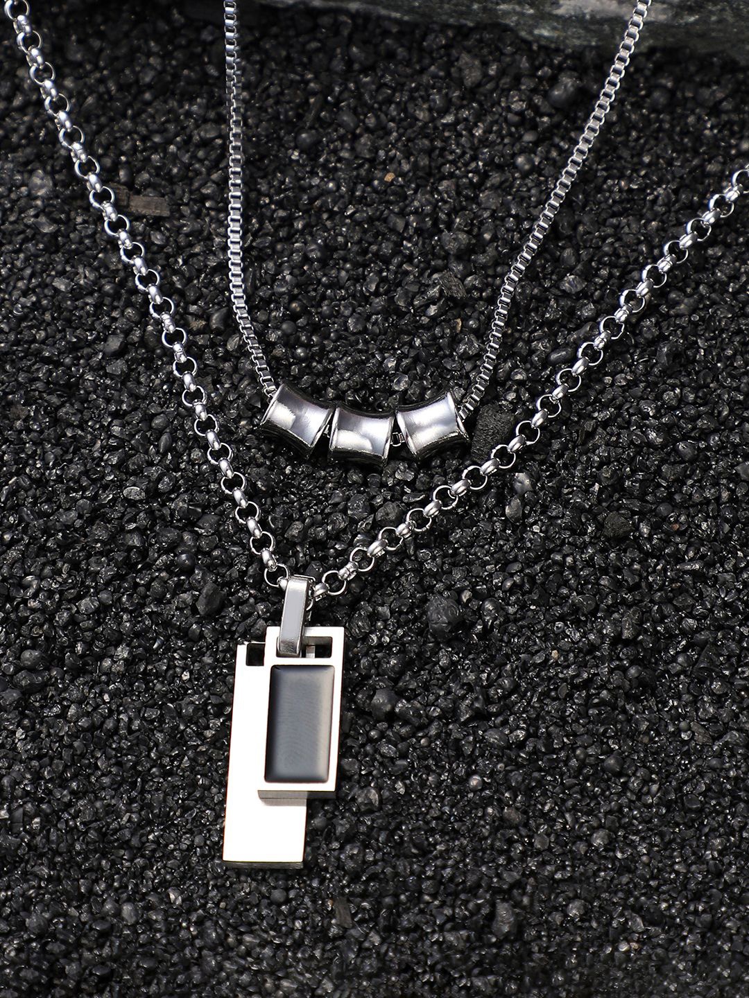 

French Accent Men Silver-Plated Minimal Chain With Slab Pendant