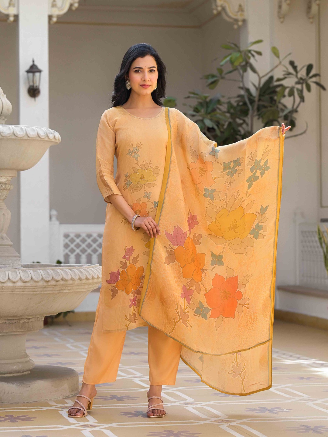 

Anouk Women Floral Printed Regular Zardozi Kurta with Trousers & With Dupatta, Peach