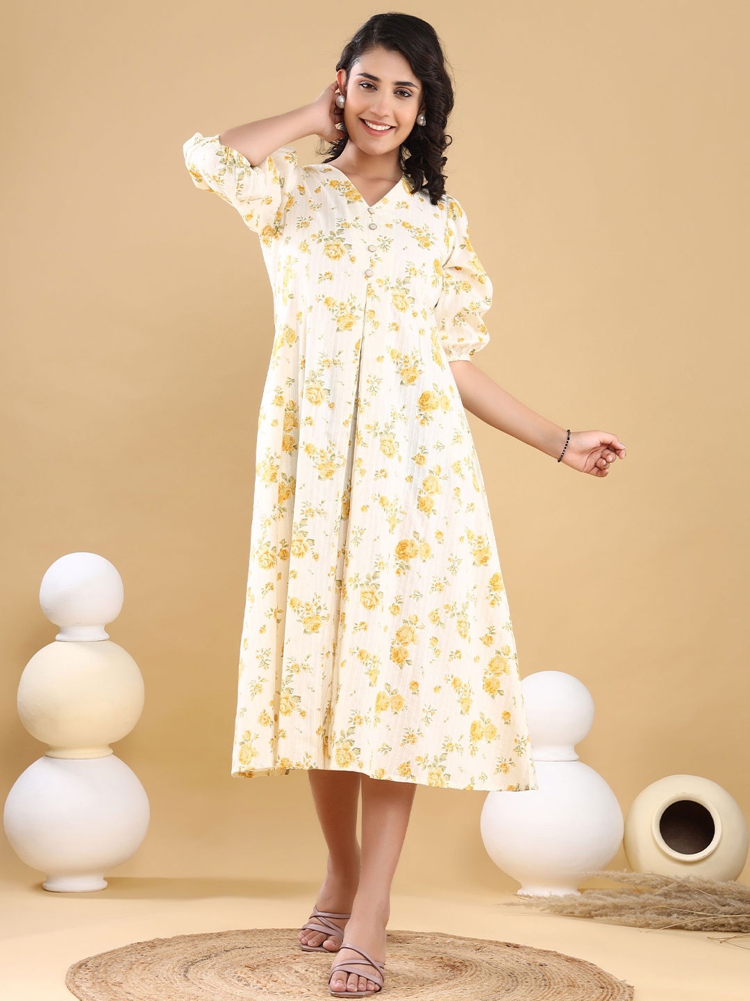 

Chandbaali Floral Print Puff Sleeve Fit & Flare Midi Dress, Yellow
