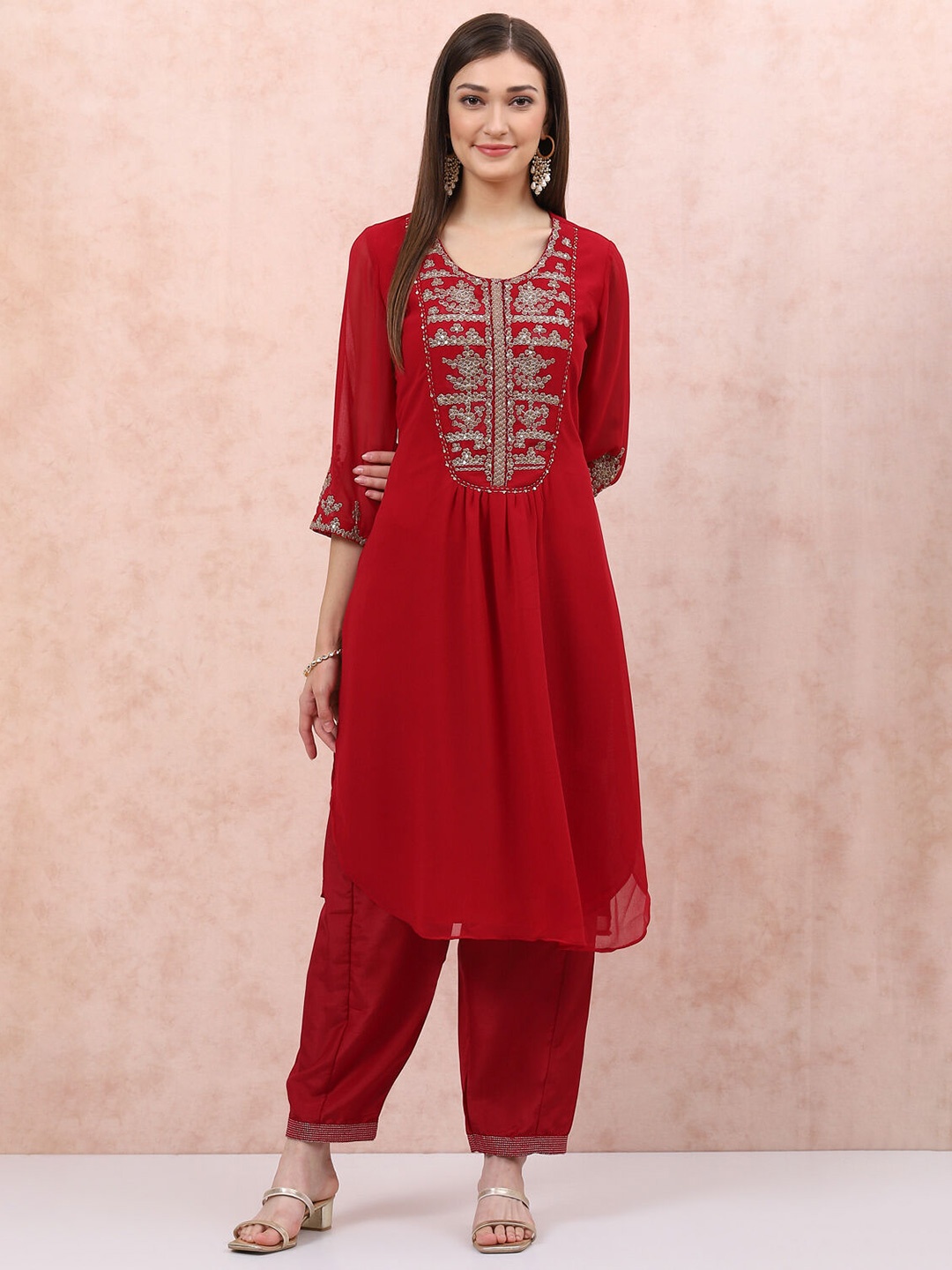 

Rangriti Women Embroidered Regular Kurta with Palazzos, Red