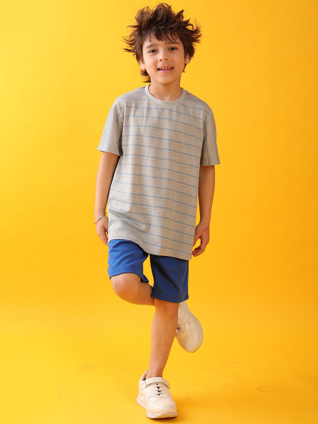 

Anthrilo Boys Striped Round Neck Pure Cotton T-shirt With Shorts, Grey