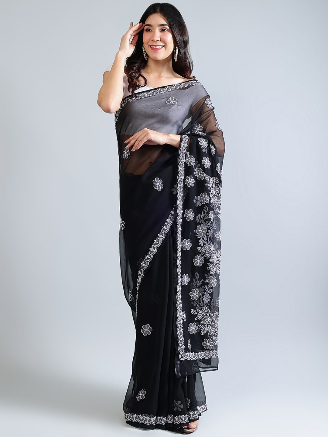 

Seva Chikan Floral Embroidered Poly Georgette Saree, Black