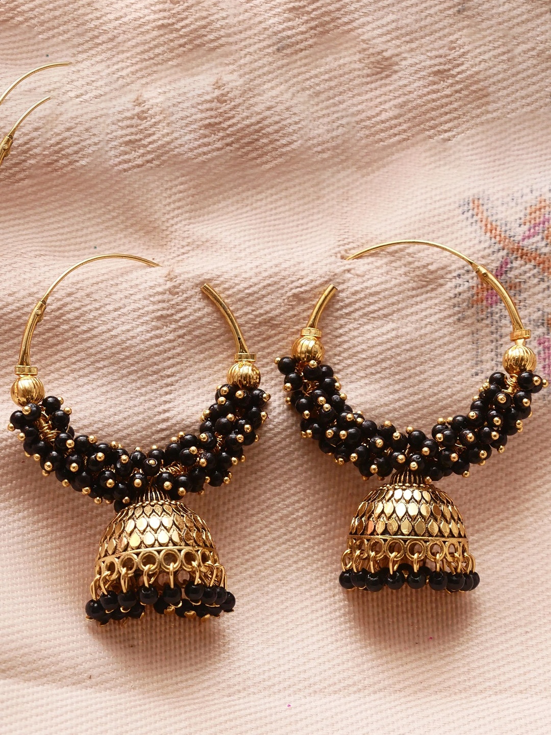 

Anouk Gold-Plated Beaded Dome Shaped Jhumkas, Black